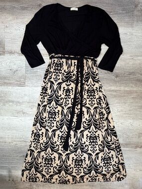 Emerald Black & Cream/ Tan Damask Wrap Maxi Dress 3/4 Sleeves Women’s size 2X